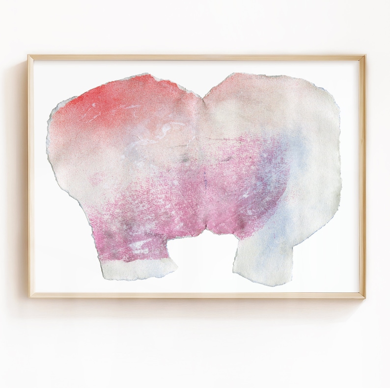 A detail of an art print of an abstract portrait of a kiss in off white, coral and lavender blush pink and pastel violet on white background. It's composed of one torn paper layer with rough edges, accented with fine spray-painted bluish mist.