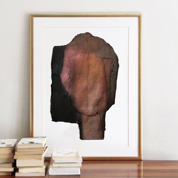 Vroeger: koperrood en zwart woondecoratie, grote muurkunstprint, abstracte print van origineel minimalistisch schilderij van mensen