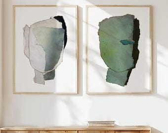 Sage Green Wall Art Set of 2 Prints, Contemporary Abstract Heads Paintings