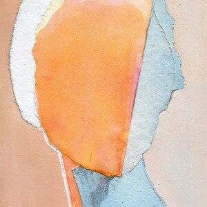 May include: Abstract art painting with layers of orange, white, and blue paint. The paint is applied in a textured, layered style, creating a sense of depth and dimension.