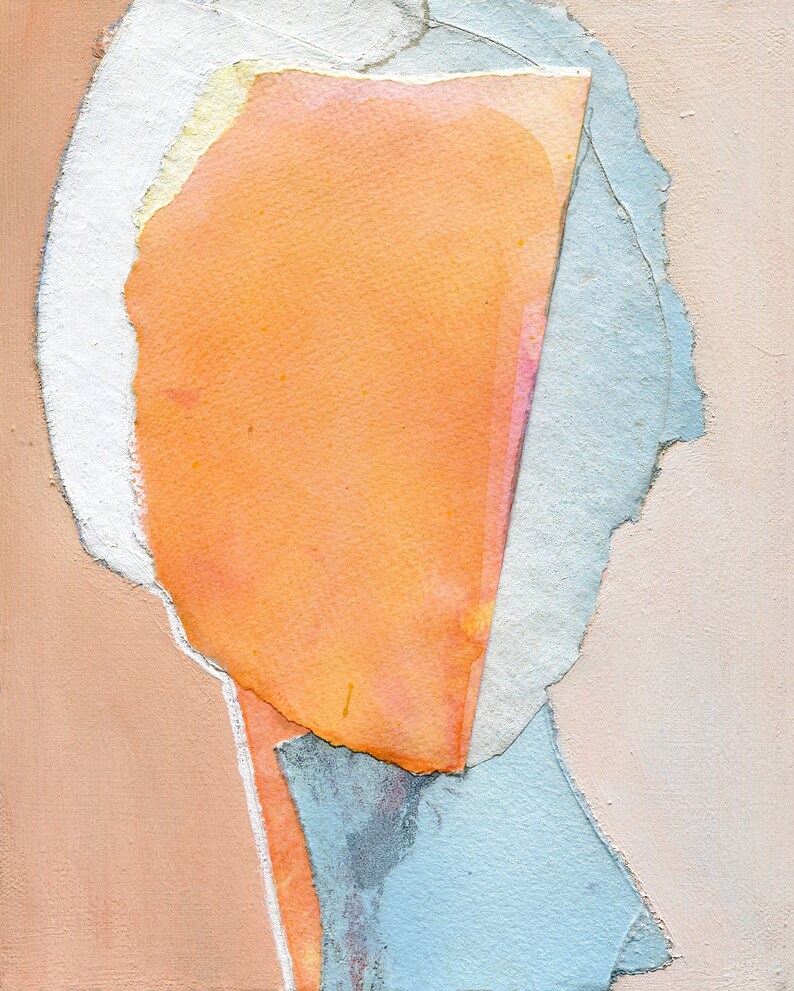 May include: Abstract art painting with layers of orange, white, and blue paint. The paint is applied in a textured, layered style, creating a sense of depth and dimension.