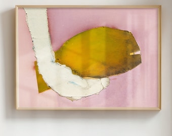 May include: Abstract art painting with a yellow and white shape on a pink background. The painting is framed in a light wood frame.