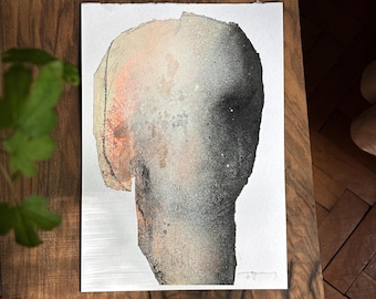 Original Paper Artwork with Abstract Head, Contemporary Mixed Media Sketch