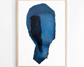 Big Minimalist  Blue Wall Art Print, Large Contemporary Abstract Head Artwork