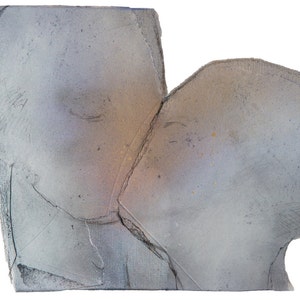 A romantic abstract portrait of a love couple kiss in greige, dovetail and silver grey on white. The two heads are composed of torn paper layers. The grungy edges give the smooth texture a mural feel. The kiss is accented with a hue of a golden glow.