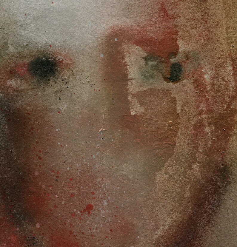 A detail of a modern watercolor-effect female portrait in maroon, beige, brown and grey. The woven texture is spray painted, two thick paper layers are torn to shape, with rough edges. A vague nose, scratched off the paint, hair line and black eyes.