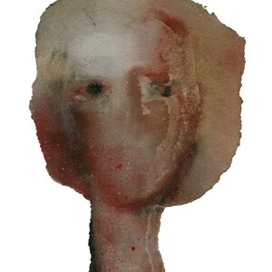 A modern watercolor-effect female portrait collage in maroon, beige, brown and grey. The woven texture is spray painted, two thick paper layers are torn to shape, with rough edges. A vague nose, scratched off the paint, hair line and two black eyes.