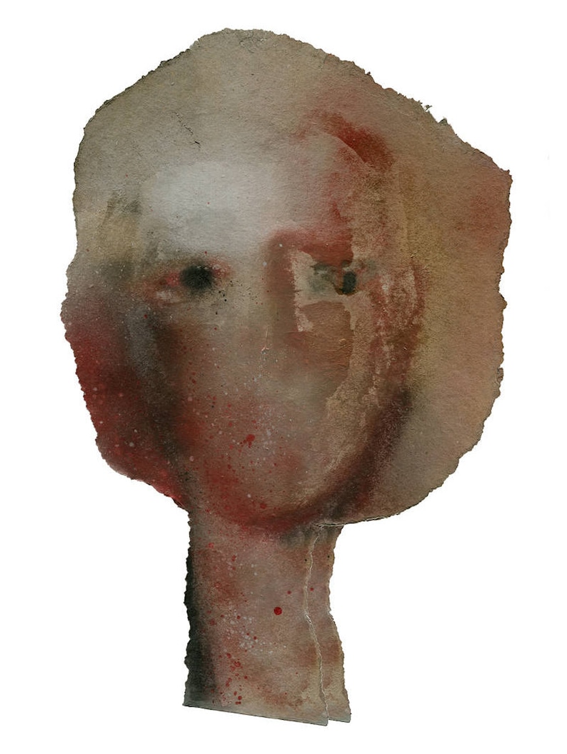 A modern watercolor-effect female portrait collage in maroon, beige, brown and grey. The woven texture is spray painted, two thick paper layers are torn to shape, with rough edges. A vague nose, scratched off the paint, hair line and two black eyes.
