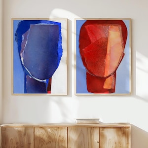 Vibrant Red and  Blue Wall Art Print Set of 2,  Abstract Navy, Baby Blue and Burgundy Art Prints of Original Paintings, Bright Modern Decor