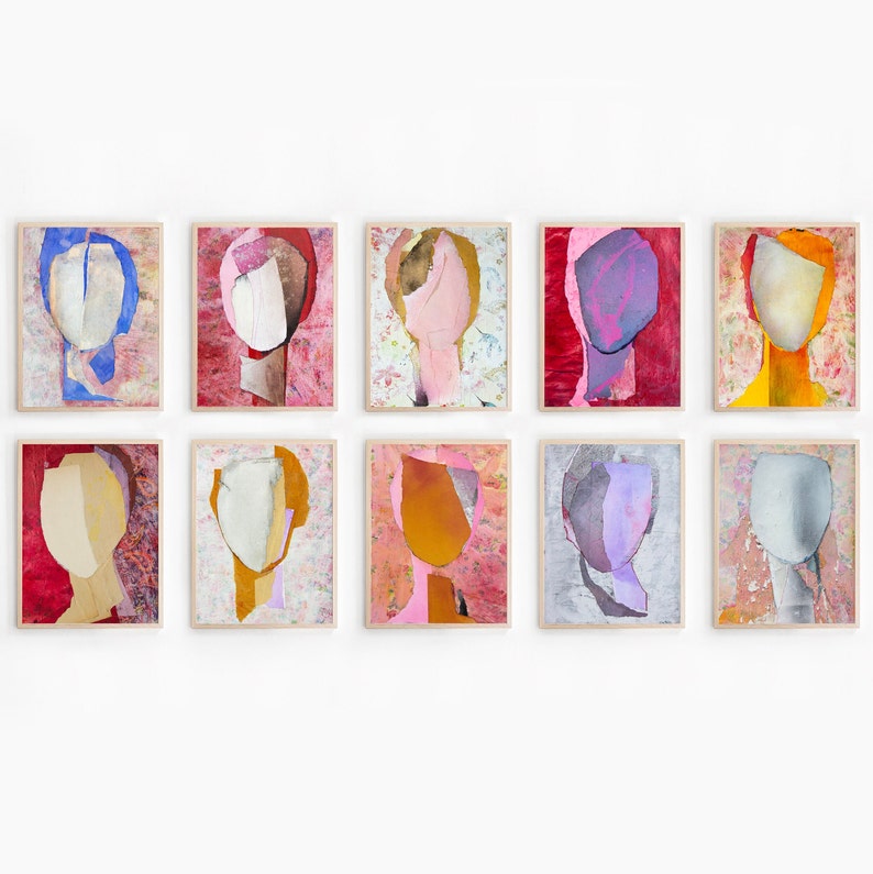 A gallery wall art withset of ten framed high quality art prints of original mixed media collages in vivid colors in antrazit blue, brick red, pink, pastel violet, orange, yellow, beige, dove grey and mango.