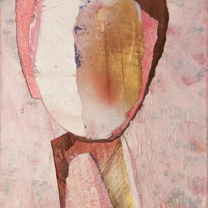 May include: Abstract art painting with a pink, brown, and gold color scheme. The painting is made up of layered pieces of paper, creating a textured effect.