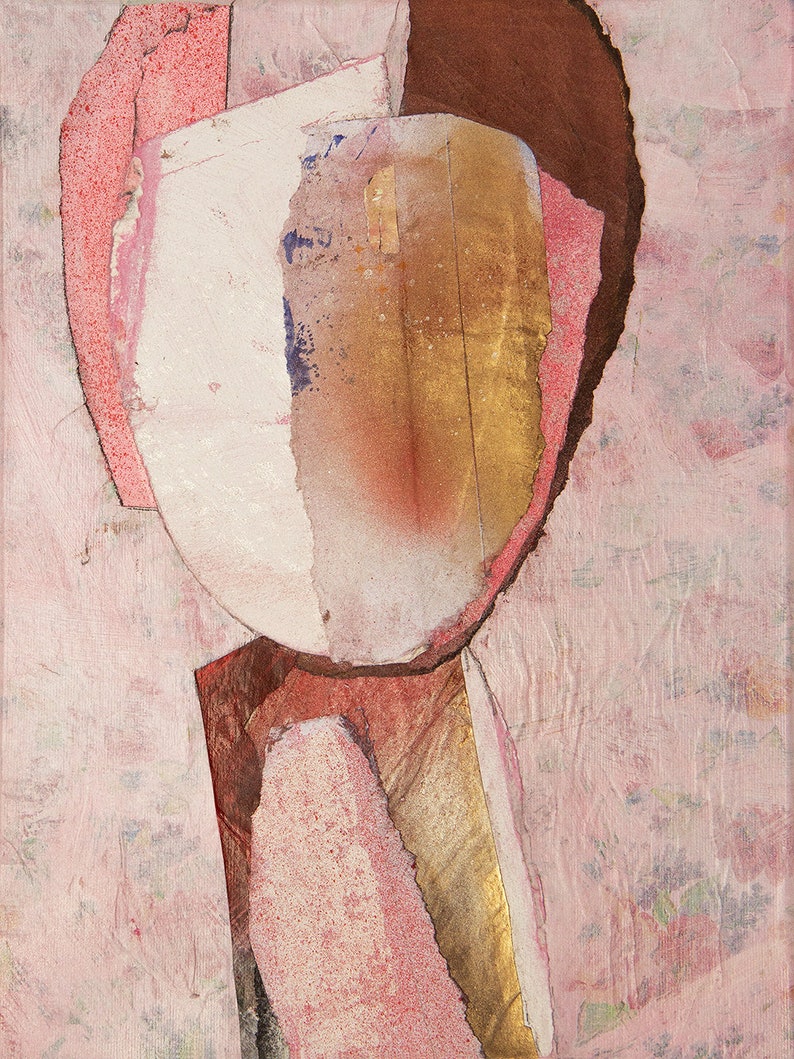 May include: Abstract art painting with a pink, brown, and gold color scheme. The painting is made up of layered pieces of paper, creating a textured effect.