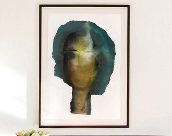 Large Woman Portrait in Green and Dark Yellow, Modern Giclee Art Print of Original Painting, Unique Wall Art Print, Moody Wall Decor
