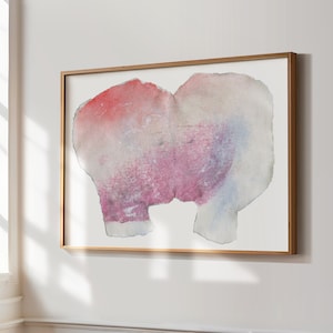 A high quality art print of a romantic abstract portrait of a kiss in off white, coral and lavender blush pink and pastel violet on white. It's composed of one piece torn paper with rough edges, accented with fine spray-painted bluish mist.