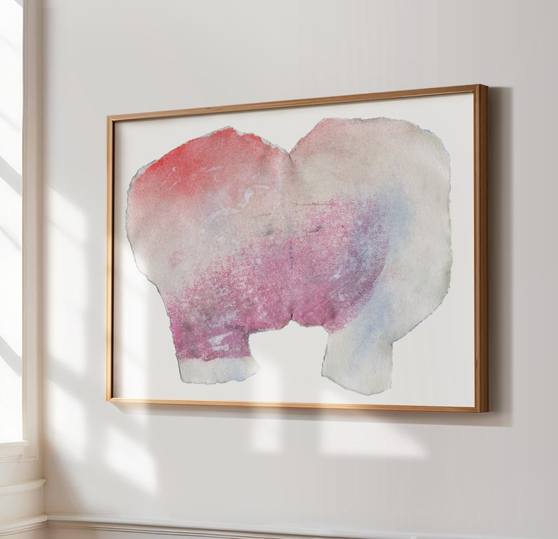 A high quality art print of a romantic abstract portrait of a kiss in off white, coral and lavender blush pink and pastel violet on white. It's composed of one piece torn paper with rough edges, accented with fine spray-painted bluish mist.