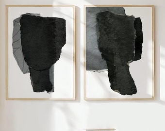 Large Abstract Black and White Two Piece Set, Minimal Wall Art Set of 2 Paintings, Statement Home Decor