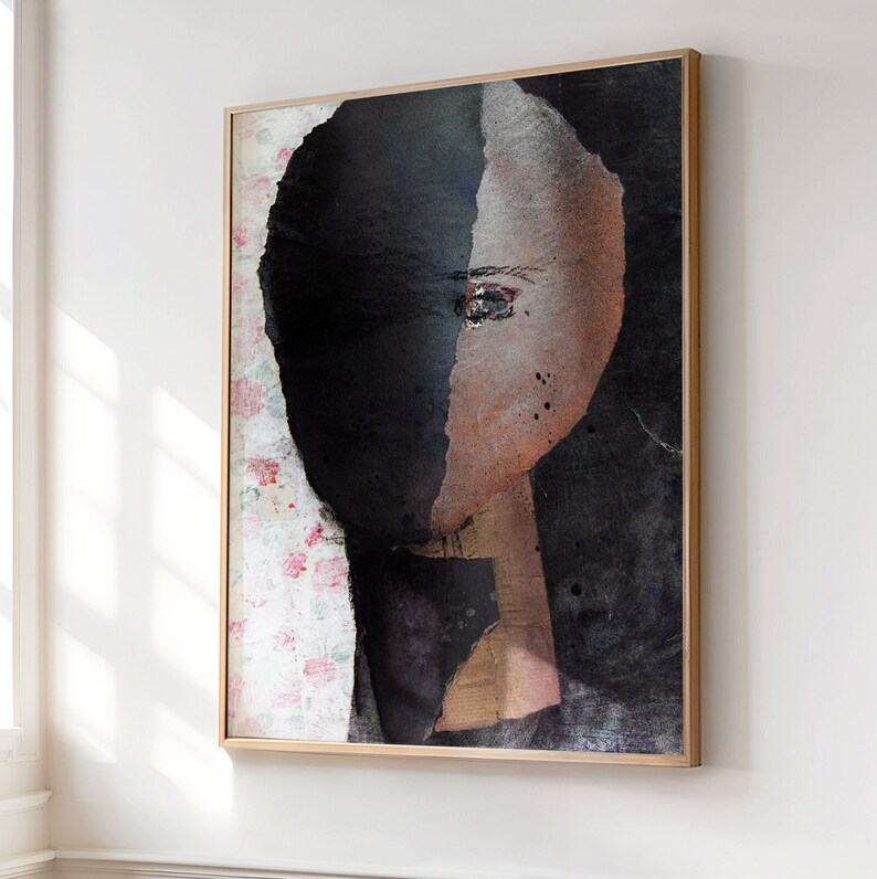 May include: Abstract painting of a face with a black and white background. The face is partially obscured by a dark shadow, with only one eye visible. The background is a textured, floral pattern.