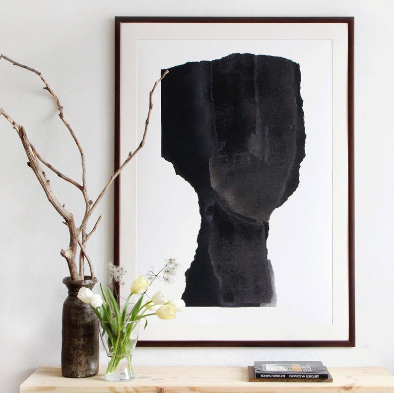 Stampa artistica su larga scala con testa nera del dipinto minimalista originale, arte della parete con testa astratta senza volto immagine 1