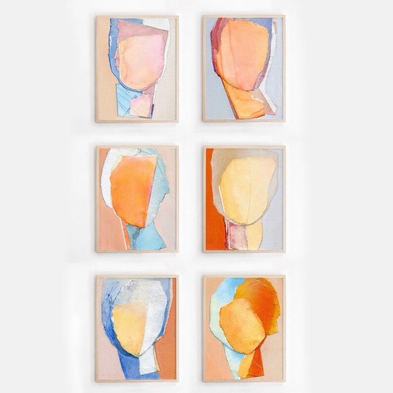 May include: Six abstract paintings in a grid pattern, each featuring a colorful, layered, and textured portrait of a face. The paintings are framed in light wood and have a white background.