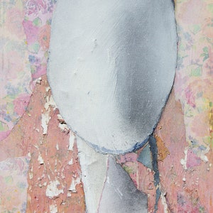 May include: Abstract art painting with a white oval shape in the center, surrounded by a pink and orange floral pattern.