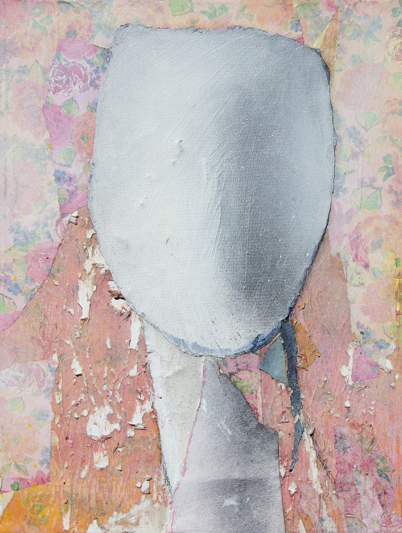 May include: Abstract art painting with a white oval shape in the center, surrounded by a pink and orange floral pattern.