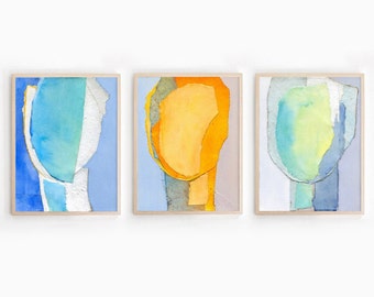 Large Abstract Bright Summer Print Set of 3, Energy Wall Art, Modern Colorful Gallery Wall Decor, Blue and Yellow Artworks