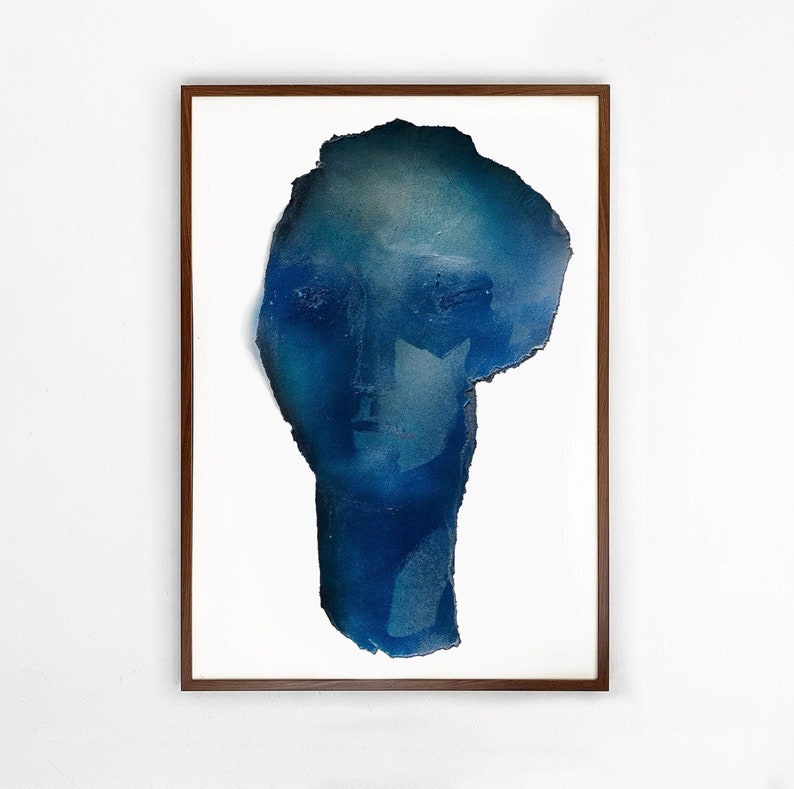 Abstract Blue Art Print, Monumental Head Form, Blue Painting Face, Large Modern Artwork image 1