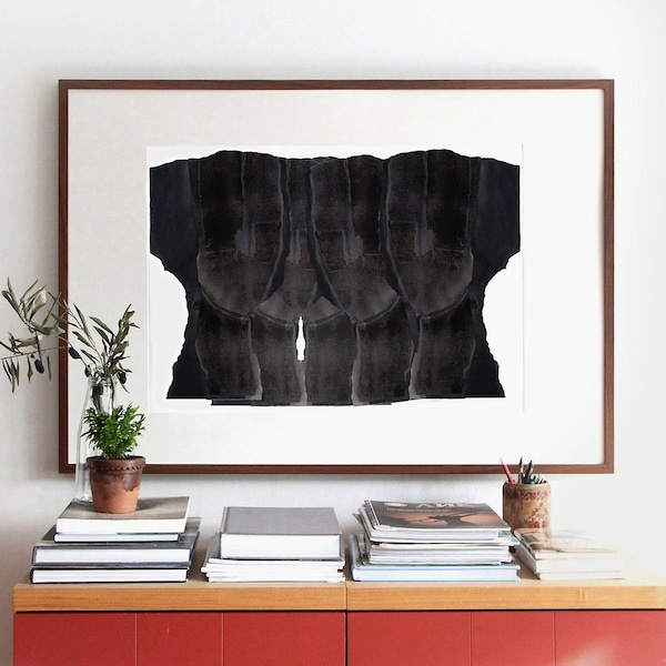 Multiple Black Silhouette Heads, Simple Dark Abstract Art Print, Minimalist Extra Large Wall Art for Living Room