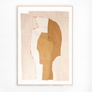 A tender abstract portrait composition in Indian yellow and rough torn paper edges painted in cherry red, with a pencil sketched eye for an accent. Paper layers in desert sand and pale peach create the head and a background. The texture has wrinkles.