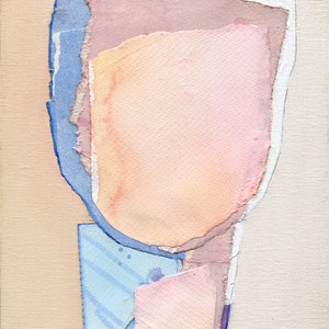 May include: Abstract art collage with layers of textured paper in shades of blue, pink, and beige. The paper is torn and layered to create a unique and organic design.