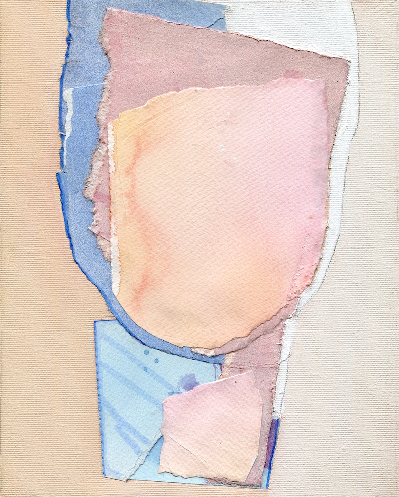 May include: Abstract art collage with layers of textured paper in shades of blue, pink, and beige. The paper is torn and layered to create a unique and organic design.