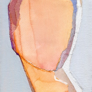 May include: Abstract art painting with layers of torn paper in shades of peach, orange, purple, and white on a light gray background.