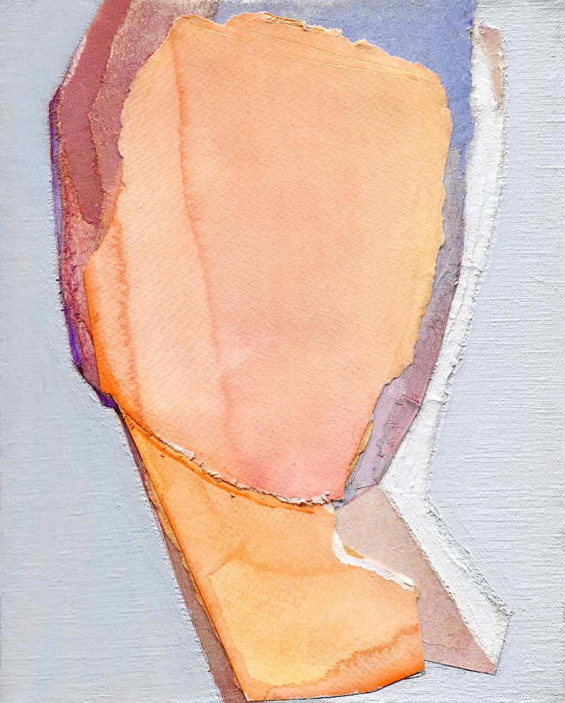 May include: Abstract art painting with layers of torn paper in shades of peach, orange, purple, and white on a light gray background.