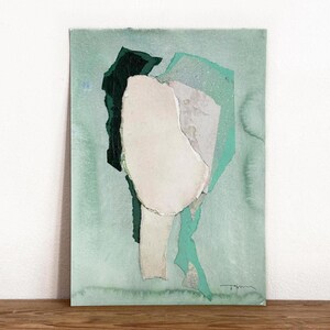 Dipinto originale verde chiaro su carta, acquerello minimalista firmato dall'artista, arte astratta alla moda, opera d'arte moderna con tecnica mista