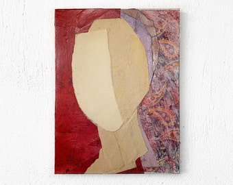 Bohemian Portrait - Original Painting on Canvas, Contemporary Red and Beige Collage Artwork, Abstract Portrait of a Woman