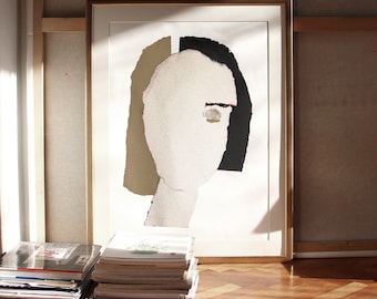 Abstraktes Frauen Porträt Kunstdruck, Neutrale Weibliche Wandkunst in Beige und Schwarz Kunstdruck