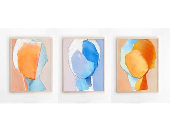 Modern Orange and Blue Wall Art Set of 3 Abstract Prints, Bright and Colorful Living Room Artworks, Above Sofa Vibrant Wall Decor