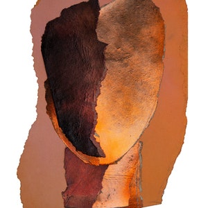 This dramatic, vivid brown-orange wall art print of an original painting shows an abstract head in all shades, varying from dark wood to blazing orange. A reddish accent drop spills out from the torn paper, random-shaped faded persimmon background.