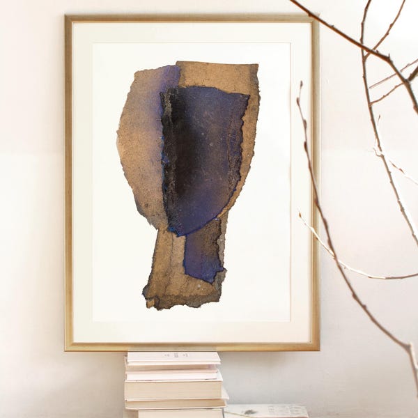 Grote oud goud en blauwe muurkunstdruk, abstract minimalistisch hoofdschilderij