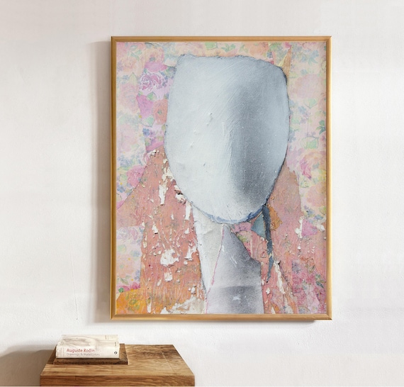 Yesterday - Large Pink and Grey Abstract Portrait Print of Original, Boho Wall Art Decor, Oversized Modern Rustic Art