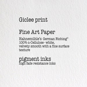 Giclee print. Fine art paper. Hahnemulle's German etching 100% a-Cellulose white velvety smooth with a fine surface texture. Pigment inks. High fade resistance inks.