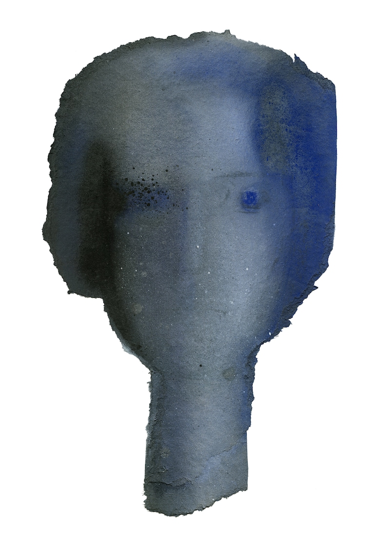 Puede incluir: Pintura abstracta de acuarela de una cara con un ojo azul. La cara est&aacute; pintada en tonos de gris y azul, y el fondo es blanco.