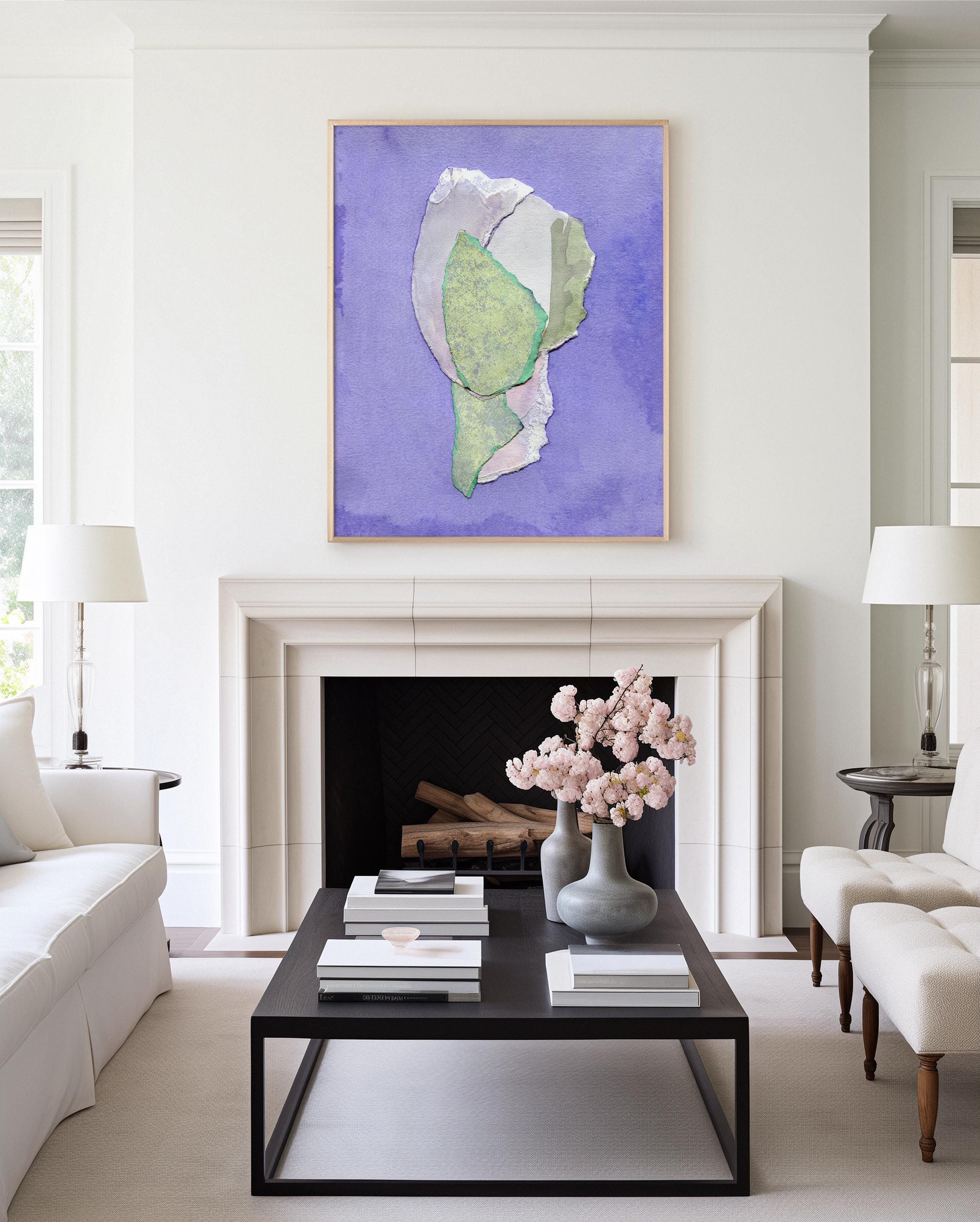 Modern Purple and Mint Green Painting Print, Large Abstract Living