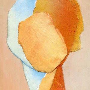 May include: Abstract art piece with layered paper in shades of blue, orange, and yellow. The paper has a textured, organic look.