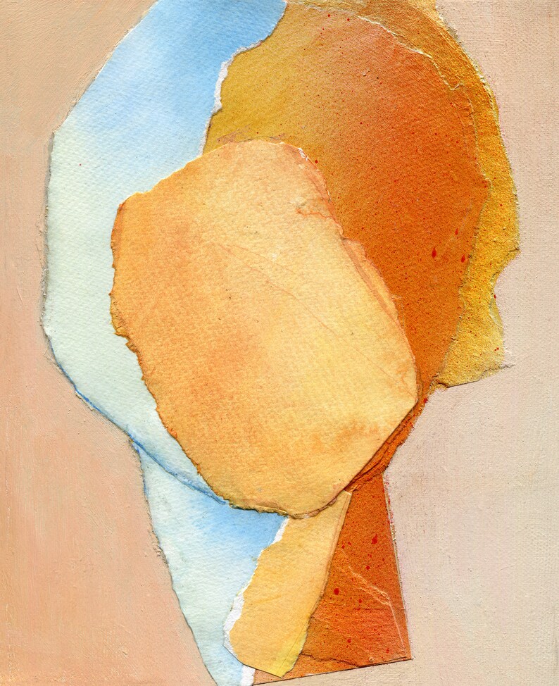 May include: Abstract art piece with layered paper in shades of blue, orange, and yellow. The paper has a textured, organic look.
