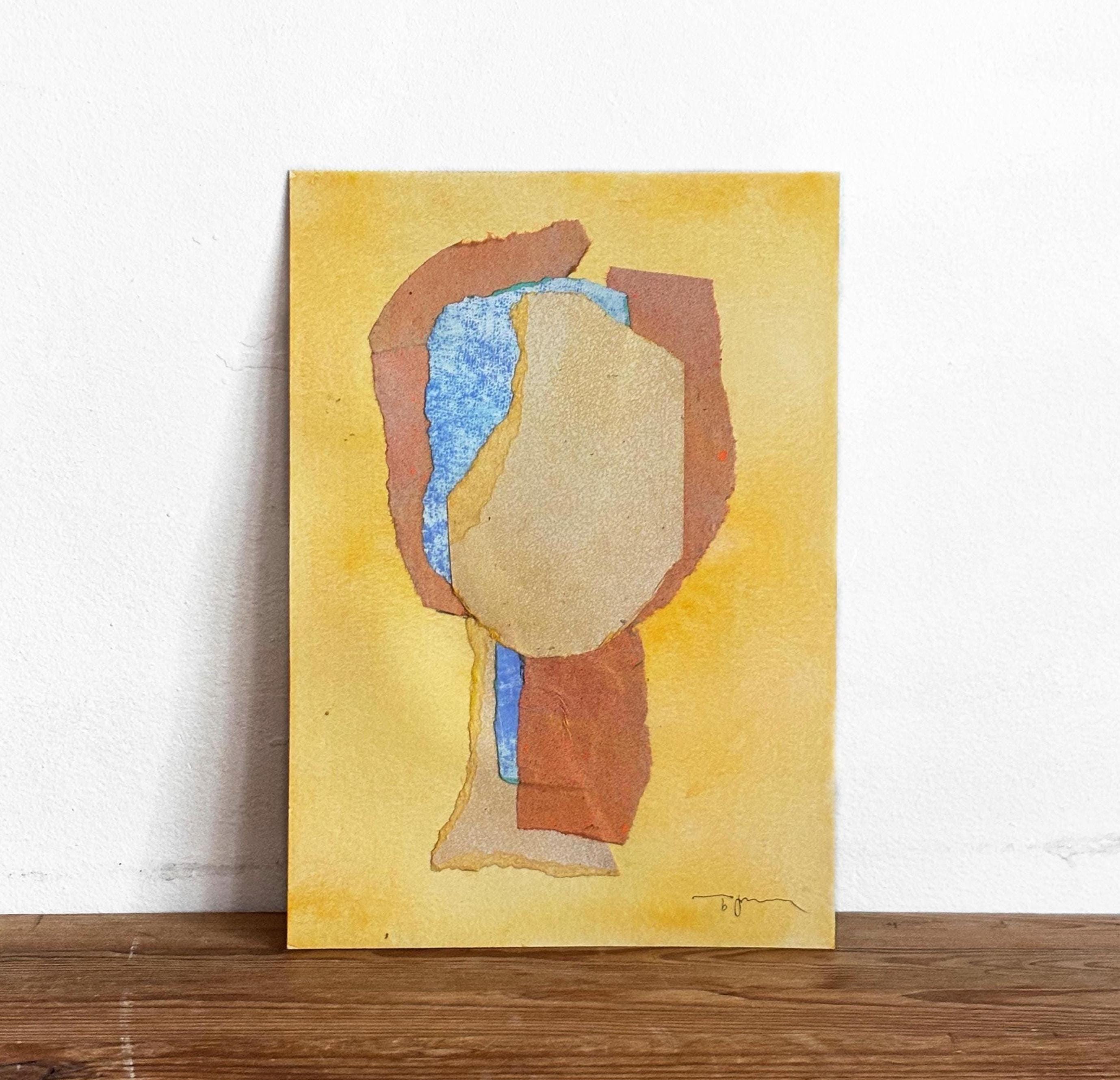 Origineel schilderij met gemengde techniek: gele, beige, blauwe abstracte kunst