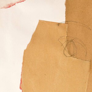 A detail of a fine quality art print of an abstract portrait. It is in a tender peach yellow pallet, with torn paper edges in cherry red, a pencil drawn eye for an accent. Textured paper desert sand layers cut out a head from a pale peach background.