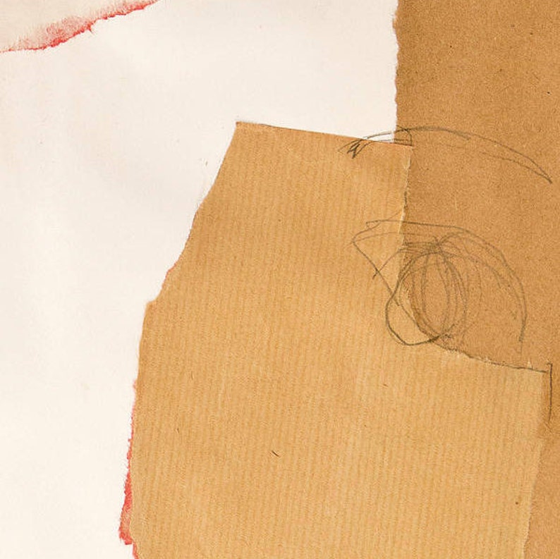 A detail of a fine quality art print of an abstract portrait. It is in a tender peach yellow pallet, with torn paper edges in cherry red, a pencil drawn eye for an accent. Textured paper desert sand layers cut out a head from a pale peach background.