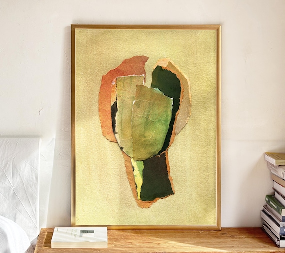 Contemporary Olive Green Wall Art Print, Large Abstract Portrait, Modern Trendy Painting