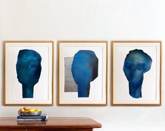 Abstract Print Set of 3 Blue Wall Art, Contemporary Gallery Paintings Decor